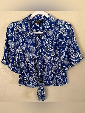 Haver London Blue and White Paisley Tie-Front Blouse